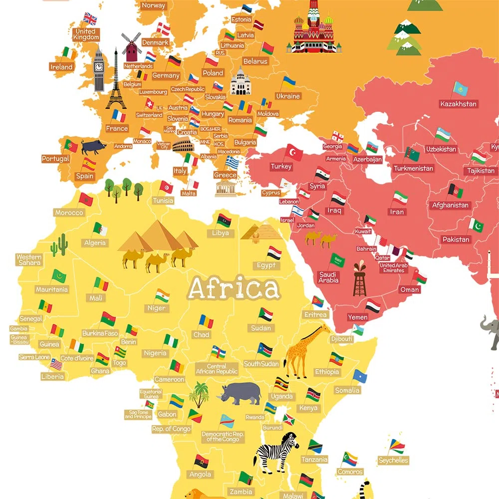 Duże Dziecięce Edukacyjne Zwierzęta / Państwa Flaga Narodowa Mapa Świata Naklejki na ścianę Peel& Stick Naklejki na ścianę i naklejki do dekoracji domu Sztuka do pokoju dziecięcego Sypialnia