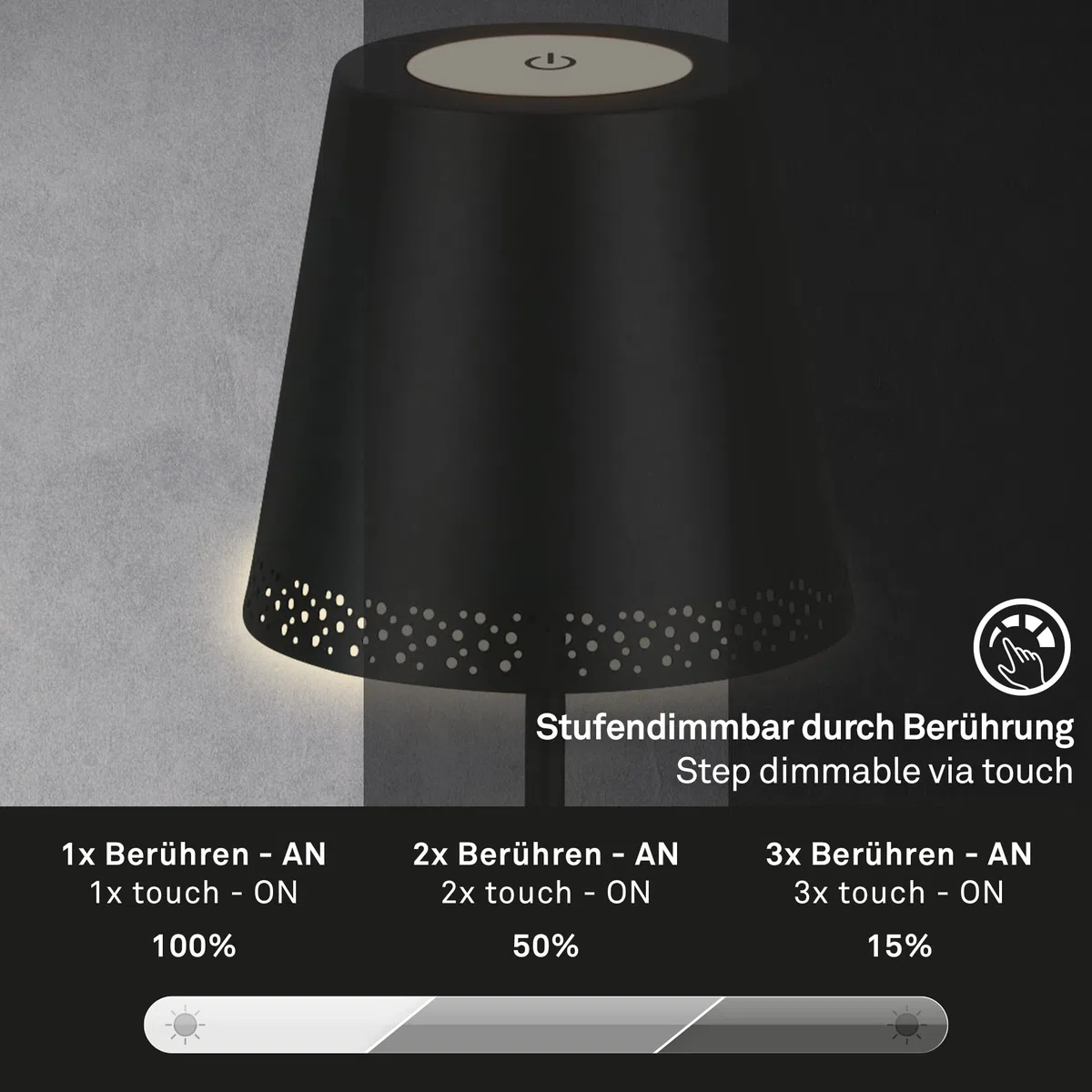 BRILONER – Akumulatorowa lampa stojąca LED 3 w 1, stopniowe ściemnianie, dotykowa, lampa stojąca LED, bezprzewodowa, czarna