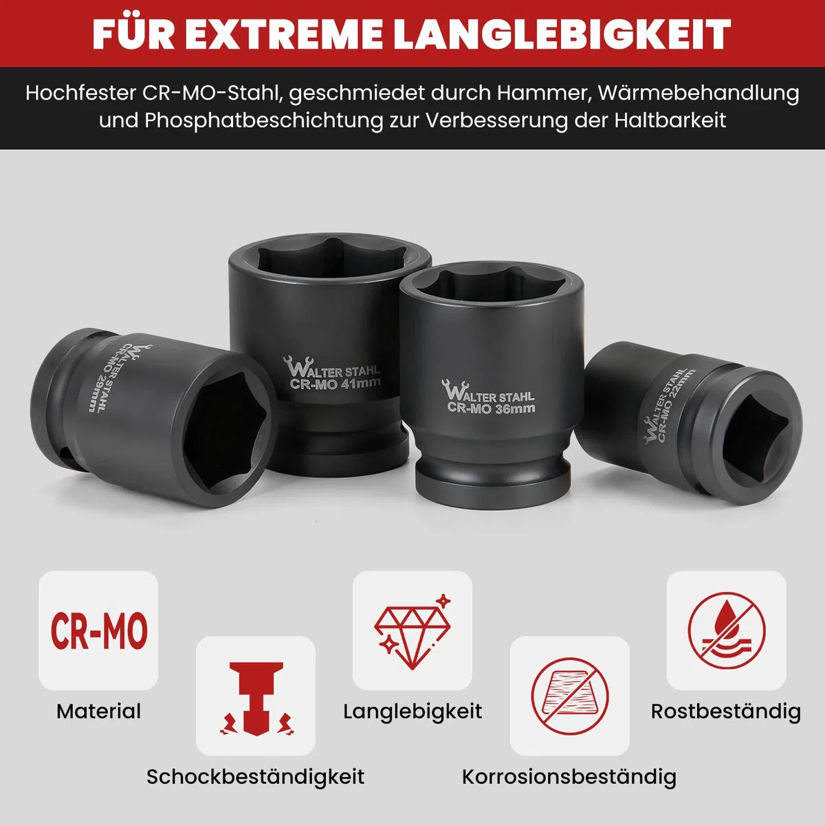 WALTER STAHL zestaw 26 nasadek do wkrętarki udarowej, nakrętki 3/4", 1" F x 3/4" M, standardowe rozmiary metryczne (21-65 mm), stalowy zestaw kluczy nasadowych Cr-V