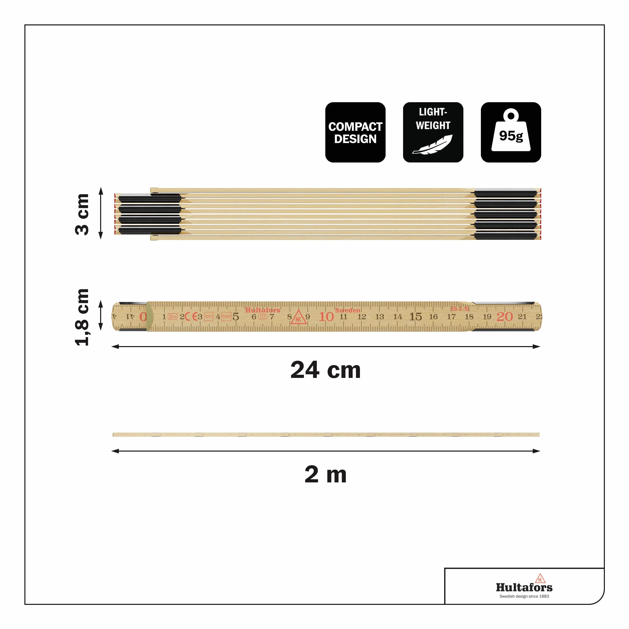 Oryginalny Schwedenmeter® Multipack 3 sztuki I Miara składana z brzozy szklanej I Made in Sweden I 3x miara składana 2m z zawiasami ze stali szwedzkiej I Wysokiej jakości przymiar EU-Klasa III I
