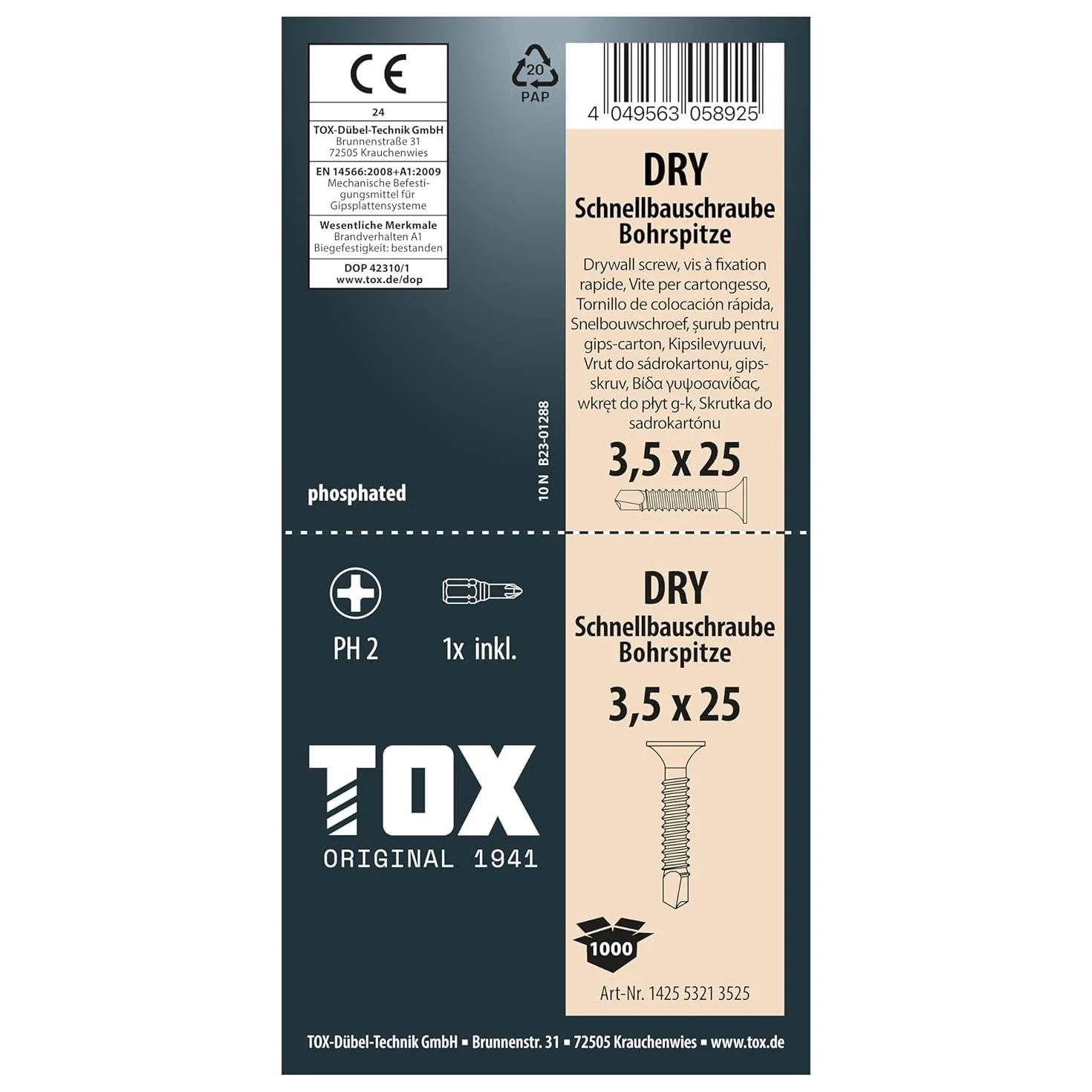 TOX Wkręty do szybkiego montażu DRY BS 3,5 x 25 mm, śruby czarne fosforanowane z gwintem drobnym + końcówka wiertnicza, płyta gipsowo-kartonowa na metalowej konstrukcji podstawy, PH2, 1000 sztuk, w