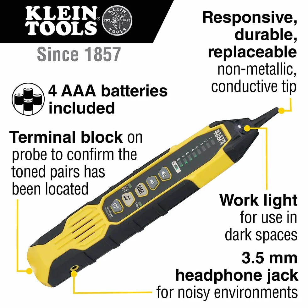 Klein Tools VDV500-223 Drutowa sonda cyfrowa z oświetleniem roboczym LED do Ethernetu, Internetu, telefonu, głośnika, koncentrycznego, wideo i transmisji danych RJ45, RJ11, RJ12
