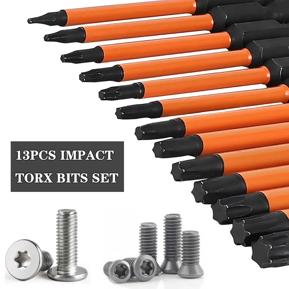 Zestaw bitów Torx, 13 sztuk, długość 75 mm, zestaw bitów Torx (T5-T40), stal S2, 1/4", sześciokątny trzonek magnetyczny, długie bity do wkrętarki akumulatorowej
