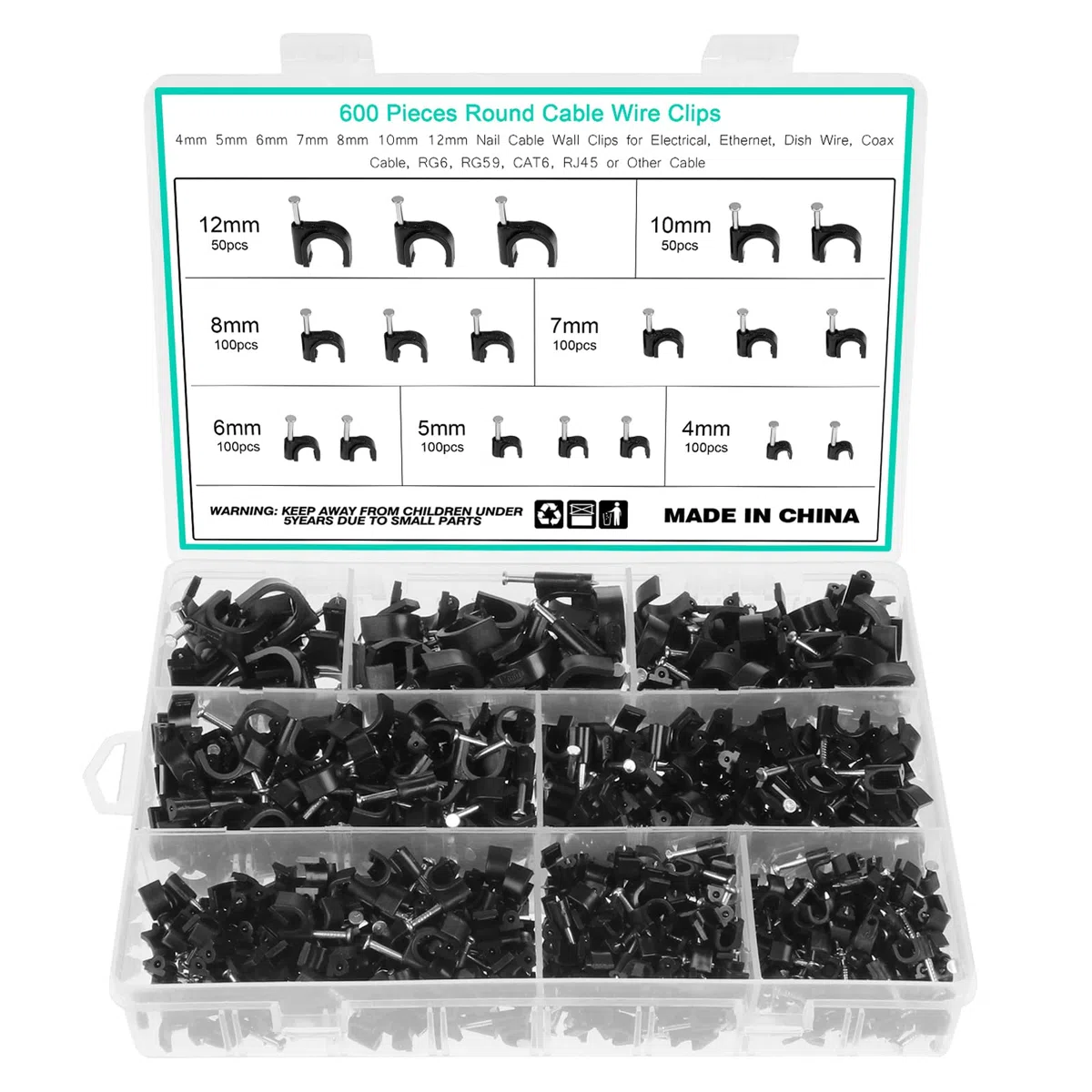 600 szt. czarnych klipsów do kabli, asortyment 4 mm, 5 mm, 6 mm, 7 mm, 8 mm, 10 mm, 12 mm, stalowe klipsy do kabli do mocowania kabli (czarne)